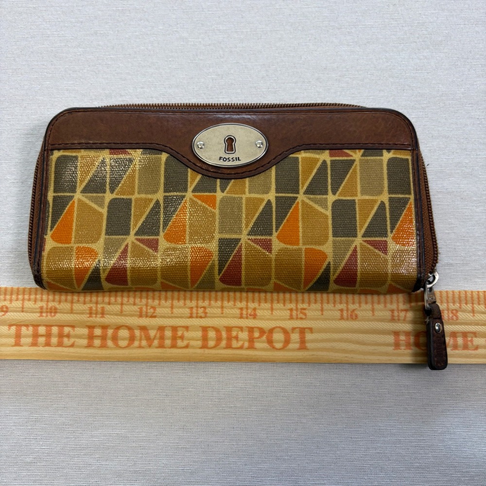 Fossil, Key-Per Zip Around Wallet, Brown Multi, Large, Good, MSRP $60